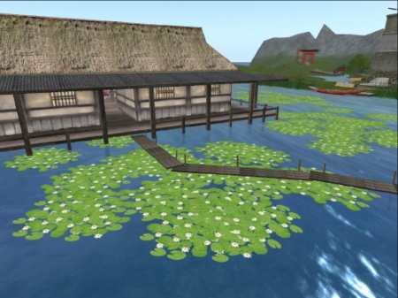 House walkway through lillies in fishing pond