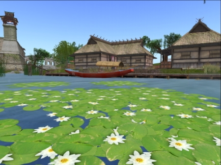 Houses on water with lillies